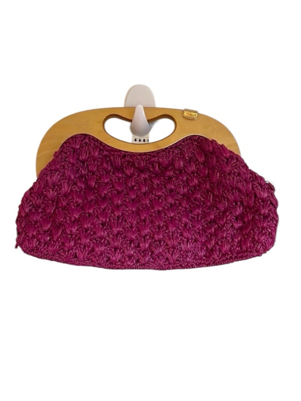 VTG Raffia Crochet Clutch Wood Handbag Japan Sears Pink Boho Retro Barbie Purse